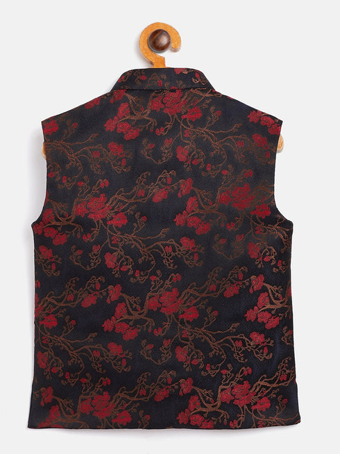 Boy's Maroon And Black Jacquard Nehru Jacket